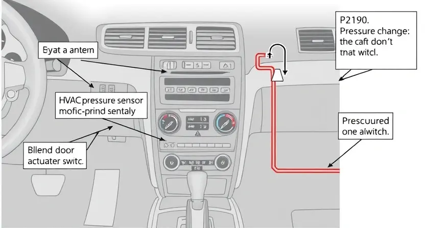 A detailed diagram illustrating the HVAC system of a vehicle, highlighting the components related to the P2190 error (e.g., HVAC pressure sensor, blend door actuator, pressure switch). Use arrows to indicate airflow and pressure changes. Focus on the connections and relationships between these parts.