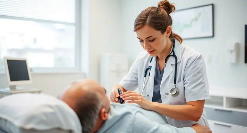 A medical professional examining a patient with a focused expression. The patient is lying on an examination table, and the professional is using a stethoscope. The background is a clean, modern medical office. Focus on conveying a sense of care and diagnosis.
