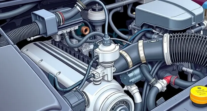 A close-up, detailed illustration of a car's engine bay. Focus on the mass airflow sensor (MAF sensor) and its surrounding components. The sensor should be clearly visible, with wires and hoses connected. The engine bay should be clean and well-lit, suggesting a professional repair environment.