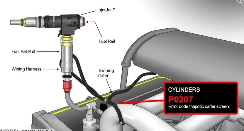 A detailed illustration of an engine's fuel injector circuit, specifically focusing on cylinder 7. Show the injector, fuel rail, wiring harness, and engine block. Highlight the P0207 error code indication on a diagnostic screen.