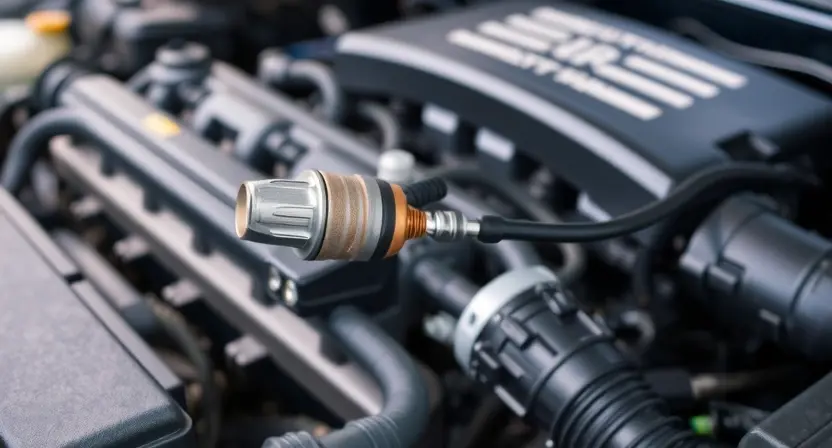 A close-up, detailed image of a car's engine bay, focusing on the oxygen sensor and related wiring. The engine should be clean and well-maintained. The background should be slightly blurred to emphasize the sensor.