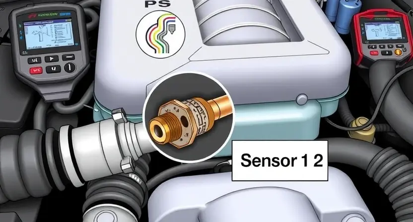A detailed illustration of an automotive engine bay, focusing on the area around the exhaust manifold and intake system. Highlight a close-up of the oxygen sensor labeled 'Sensor 2' with visual cues indicating potential issues like corrosion or damage. Include diagnostic tools like a scan tool and wiring diagrams in the background.