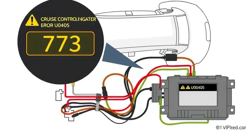 A detailed technical illustration of a car's cruise control system showing a warning indicator for error code U0405, with visible components like sensors, wiring, and control module, clean technical diagram style