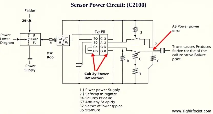 A detailed schematic diagram of a sensor power circuit, highlighting the C2100 error code and potential causes. Include visual representations of power supply components, sensor connections, and possible failure points. The diagram should be clean, well-labeled, and illustrate troubleshooting steps.