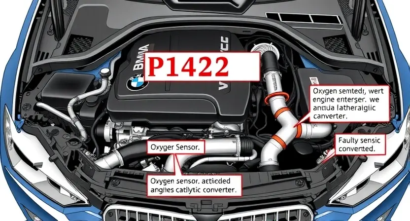 A detailed illustration of a BMW engine bay with a focus on the area related to the P1422 error code. Include visual representations of relevant components like oxygen sensors, catalytic converter, and exhaust system. The image should clearly depict the potential causes of the error, such as a faulty oxygen sensor or a malfunctioning catalytic converter.