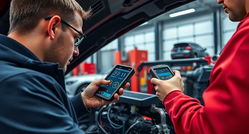 A professional mechanic in a modern garage using an OBD diagnostic scanner on a car's engine, focusing on the electronic control unit and showing visual cues of a fault detection, realistic high-detail illustration