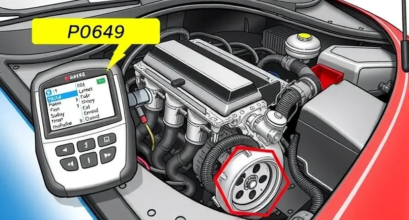 A detailed illustration of a car's engine bay with a diagnostic tool connected to the vehicle's computer. Focus on the area where the P0649 error code might be related to, such as the transmission control module or related sensors. The image should convey a sense of technical inspection and problem-solving.
