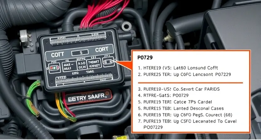 A detailed illustration of a car's engine control unit (ECU) with wiring diagrams and diagnostic codes highlighted, representing a P0729 error. Focus on the technical aspects and visual clarity.