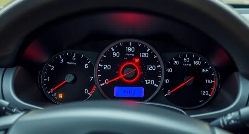 A close-up shot of the dashboard of a Lada car, specifically highlighting the instrument cluster and any warning lights illuminated. The focus should be on the area where a P1612 error code might be displayed. The car should be clean and well-lit, suggesting a professional automotive setting.