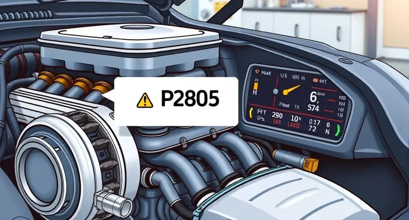 A detailed illustration of a car engine with a highlighted error code P2805 displayed on a digital dashboard. The engine should be realistically rendered, showing various components like pistons, valves, and belts. The dashboard should be modern and clearly show the error code with accompanying diagnostic information. The background should be a slightly blurred garage setting.