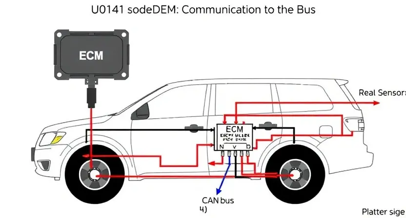 A detailed diagram illustrating a vehicle's onboard diagnostic (OBD) system, specifically highlighting the U0141 error code related to lost communication with the ECM (Engine Control Module). The diagram should show the ECM, the relevant communication bus (CAN bus), and the sensors/modules that might be involved. Use clear, concise labels and arrows to indicate the data flow and potential points of failure. Focus on technical accuracy and clarity.