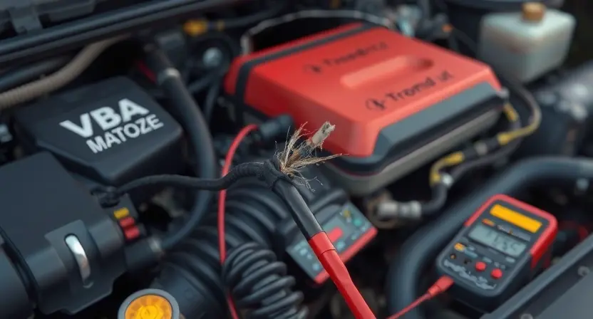 A detailed illustration of an engine bay of a VAZ/Lada car, specifically highlighting a wiring harness with a damaged or frayed wire. The background should be slightly blurred to focus on the wiring. Include tools like a multimeter and a flashlight near the engine.