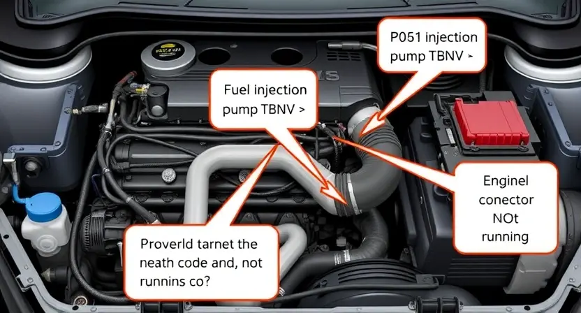 A detailed illustration of an automotive engine bay, focusing on the areas related to the P0251 error code. Show wiring harnesses, the fuel injection pump (TBNV), and the engine control module (ECM). Highlight potential problem areas with visual cues like slightly frayed wires or a disconnected connector. The engine should be in a neutral state, not running.