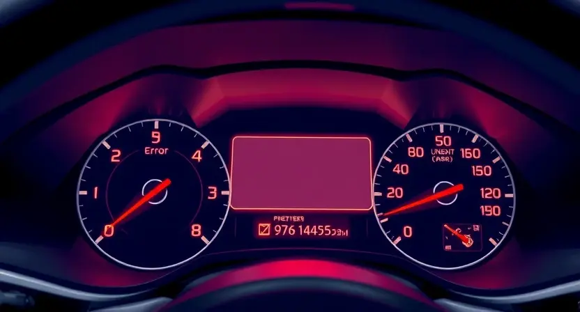 A close-up, detailed illustration of a car's dashboard with a prominent error message displayed on the instrument cluster. The error message should be clearly visible and resemble a digital display. Focus on the dashboard elements surrounding the display, showing a realistic car interior. The overall lighting should be bright and clean, highlighting the error message.
