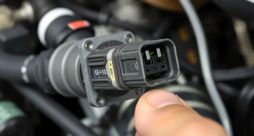 A close-up, detailed image of an automotive mass airflow sensor (MAF sensor) being inspected. Focus on the sensor's electrical connector and wiring harness, highlighting the condition of the wires and the connector's integrity. The background should be a blurred automotive repair shop environment.