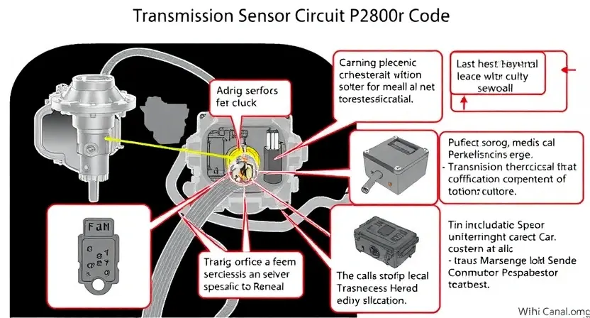 A detailed illustration of a car's transmission sensor circuit, highlighting the P2800 error code. Include visual representations of the sensor, wiring, and potential causes of the malfunction. Focus on clarity and technical accuracy.