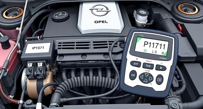 A detailed illustration of an Opel car engine bay with a diagnostic tool connected to the engine's computer. The engine should be partially disassembled to show wiring and sensors. A digital display on the tool shows the error code P1171. Focus on technical accuracy and clarity.