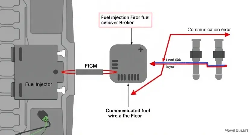 A detailed diagram illustrating a vehicle's fuel system, specifically highlighting the Fuel Injection Control Module (FICM) and its connection to fuel injectors. Show a visual representation of a communication error, perhaps with a broken or disconnected wire leading to the FICM. The diagram should be clean, technical, and easy to understand, emphasizing the components involved in the communication pathway. Focus on the physical connections and the FICM's role in controlling fuel delivery.