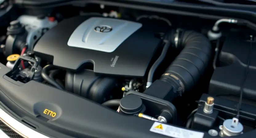 A close-up shot of the engine bay of a Toyota vehicle, focusing on the engine and diagnostic port. The engine should appear clean and well-maintained. A subtle, blurred background showing the car's interior is acceptable.