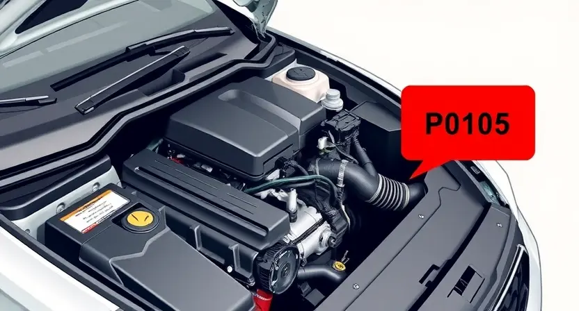 A detailed illustration of a car engine with a highlighted sensor or component related to oxygen levels. The engine should be clean and well-lit, showcasing its internal parts. Focus on the area associated with the P0105 error code, visually indicating a potential issue with airflow or oxygen sensor function. The background should be a clean, neutral color.