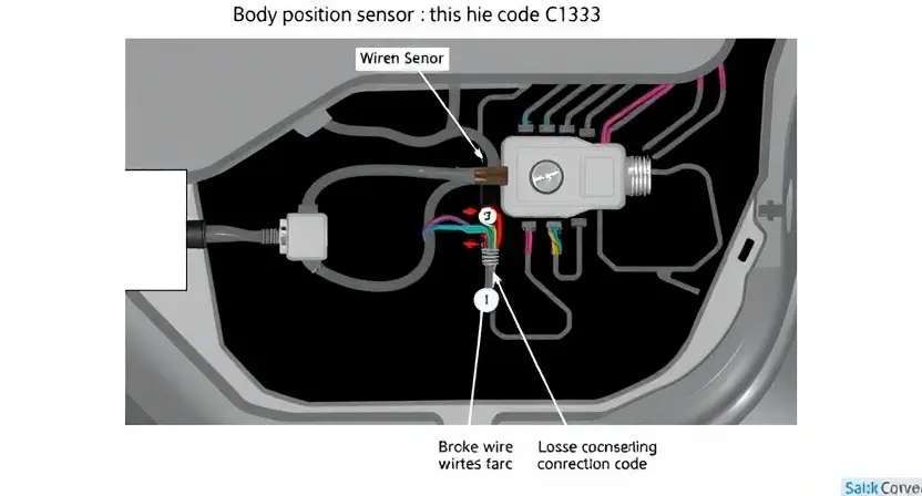 A detailed illustration of a car's body position sensor circuit, highlighting the components involved in the C1323 error code. Show the sensor, wiring, and connections in a clear and technical manner, with a focus on the diagnostic process. Include visual indicators of potential issues such as broken wires, loose connections, or damaged components.