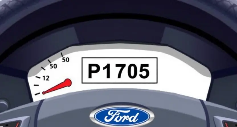 A detailed illustration of a Ford vehicle displaying a diagnostic error code P1705 on its dashboard. The image should show the error code clearly and accurately. The background should be a realistic depiction of a car interior.