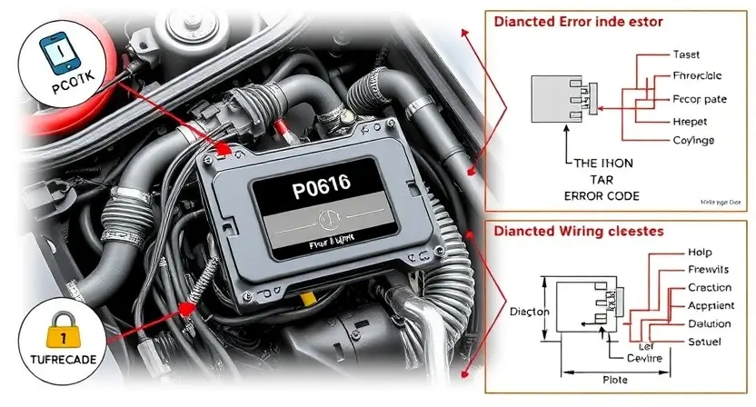 A detailed illustration of a car's engine control unit (ECU) with wiring diagrams and diagnostic tools surrounding it. Focus on the P0616 error code indicator light on the dashboard.