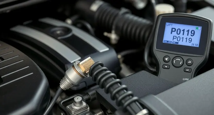 A close-up of a car engine bay, focusing on the coolant temperature sensor and its wiring. The engine should be clean and well-lit. A diagnostic scan tool displaying a P0119 error code is subtly visible in the background. The overall impression should be one of technical inspection and repair.