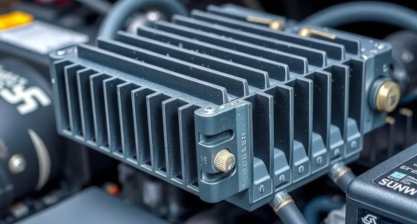 A close-up, detailed illustration of an automotive engine control unit (ECU) or inverter module with visible cooling fins and heat sink. The module should appear slightly dusty or worn, suggesting it has been in use. Focus on the physical components related to heat dissipation. The background should be blurred, suggesting an automotive environment.