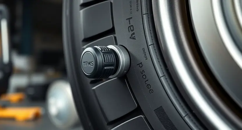 A close-up, detailed illustration of a tire pressure monitoring system (TPMS) sensor attached to a tire. The sensor should be clearly visible, showing its components. The tire should be on a vehicle wheel, partially visible. The background should be a slightly blurred garage or workshop setting, suggesting maintenance. Focus on the sensor and tire connection.