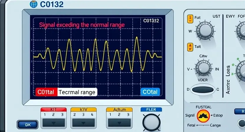 A detailed technical illustration of a signal waveform on an oscilloscope screen, showing the signal exceeding the normal range, with clear visual indicators of the error C0132. The image should include a control panel with adjustment knobs and buttons, highlighting the factors that can influence the signal output range. The overall scene should have a professional and precise engineering aesthetic.