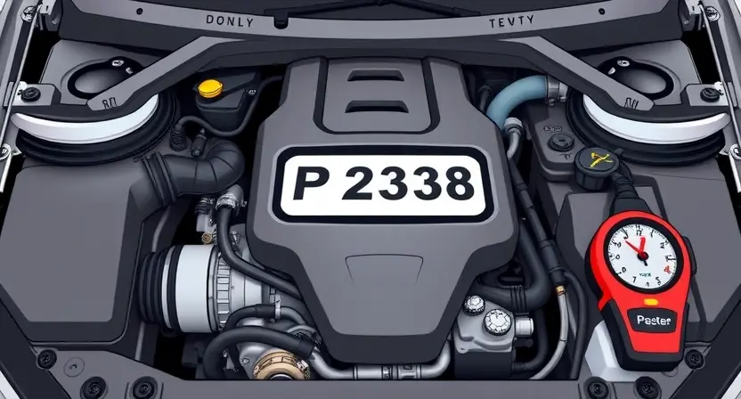 A high-quality technical illustration showing a modern car engine with the third cylinder highlighted, displaying a warning sign or error code P2338, surrounded by diagnostic tools like a scan tool and pressure gauge, clean background, no text or numbers on the image