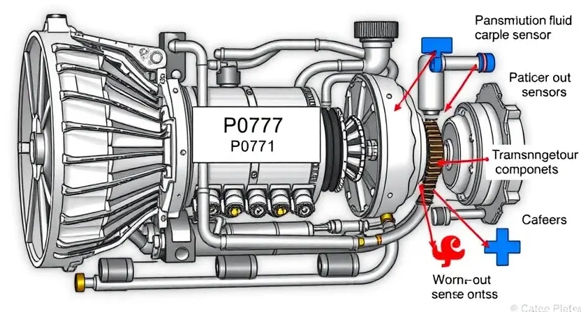 A detailed illustration of a car's transmission system, highlighting the P0707 error code indicator. Include visual representations of the transmission fluid, gears, and sensors. The image should clearly show the potential causes of the error, such as worn-out components or faulty sensors.