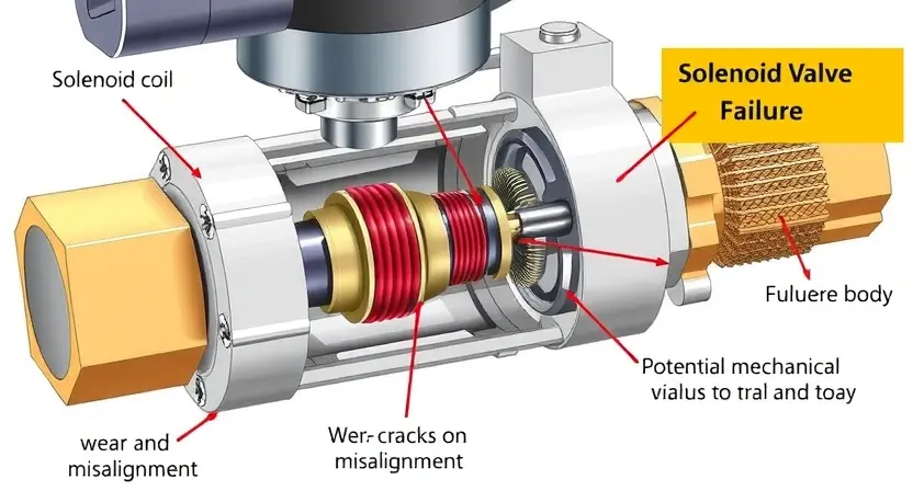 A detailed, high-quality illustration of a solenoid valve, focusing on its internal components. Show the solenoid coil, plunger, and valve body. Highlight potential mechanical failure points like wear and tear, cracks, or misalignment. The image should convey a sense of technical precision and potential malfunction.