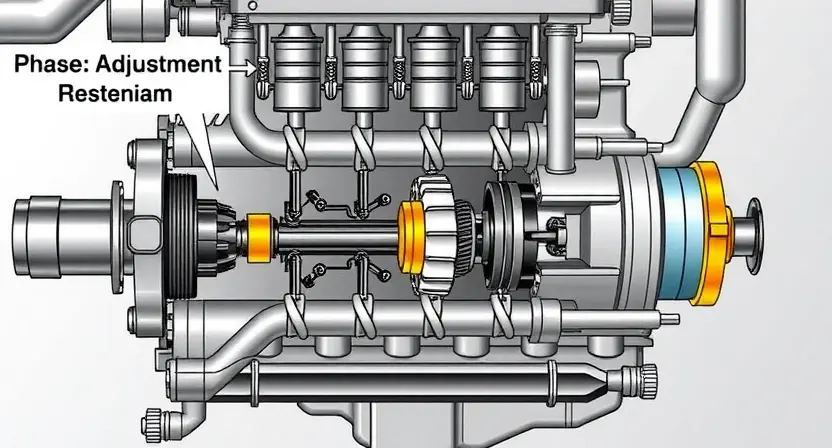 A detailed illustration of an engine's valve train system, specifically focusing on the phase control mechanism during idle. Show the camshaft, crankshaft, valve lifters, and the phase control components interacting. The image should highlight the adjustment process and its impact on engine performance.