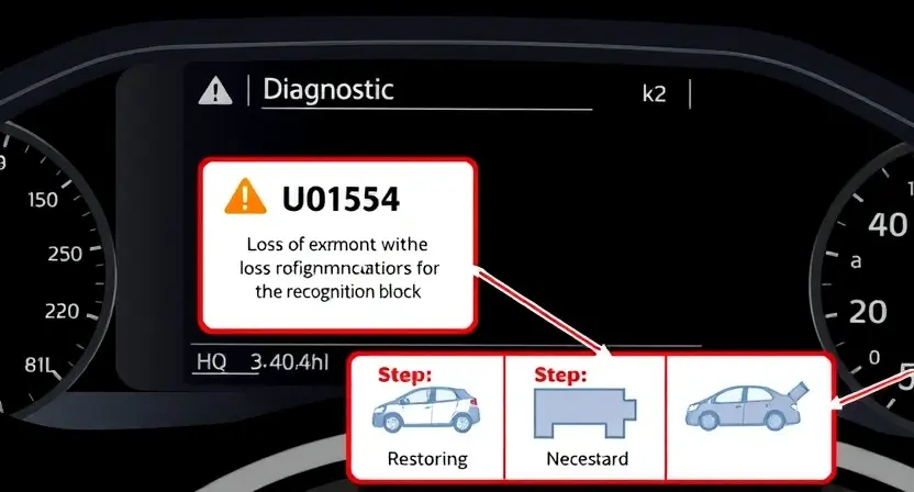 A high-quality technical illustration showing a vehicle's diagnostic system with a highlighted error code U0154, displaying a warning about loss of communication with the recognition block, and visual steps to restore the connection, all rendered in the style "HQ-832-448-h"