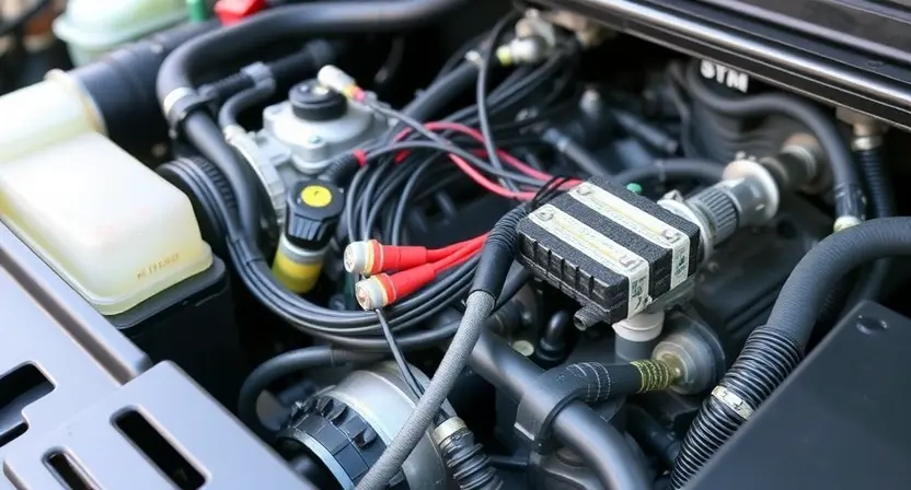 A close-up, detailed image of a car's engine bay. Focus on the wiring harness and sensors related to the fuel rail control circuit. Highlight the electrical connectors and wiring. The engine should be clean and well-maintained.