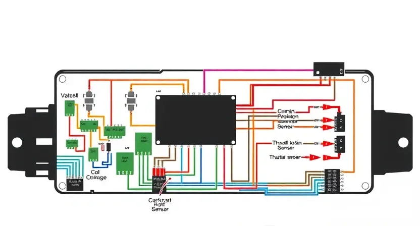 A detailed schematic diagram of an automotive engine control unit (ECU) with various sensors connected. The diagram should clearly show the sensors related to low voltage, such as crankshaft position sensor, camshaft position sensor, and throttle position sensor. Use color-coding to differentiate between different sensor types and connections. Include labels for each sensor and connection point. The background should be a clean, professional white.