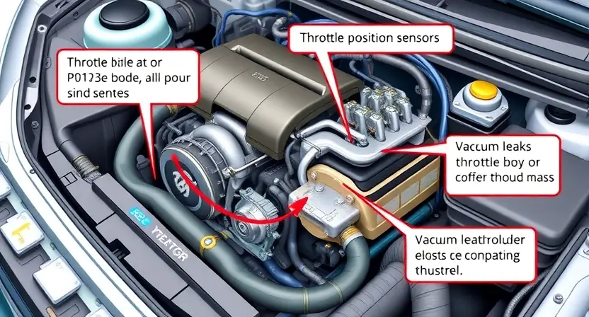 A detailed illustration of a car engine with a focus on the throttle body and related components, showing the potential causes of the P0125 error code such as a faulty throttle position sensor, vacuum leaks, or a malfunctioning throttle body. The image should depict the engine in a realistic and detailed manner, highlighting the areas that could be problematic.