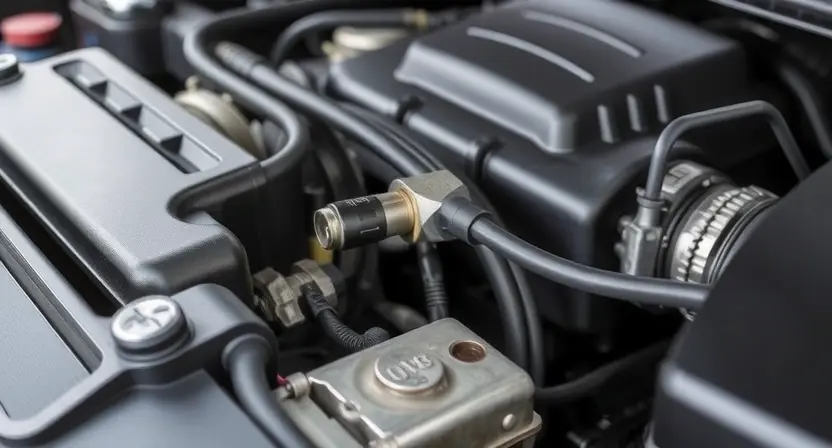 A close-up shot of a car's engine bay, focusing on the oxygen sensor and related components. The engine should appear clean and well-maintained. Highlight the sensor's location and surrounding wiring.