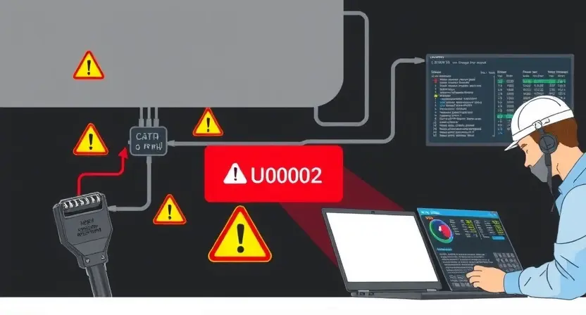 A high-quality technical illustration showing a CAN bus network with a highlighted error U0002, featuring a broken wire or connector, warning symbols, and a technician analyzing data on a laptop screen, all rendered in the style "HQ-832-448-h"