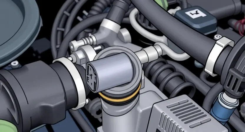 A close-up, detailed illustration of an engine bay with a focus on the Engine Coolant Temperature (ECT) sensor. The sensor should be clearly visible, along with surrounding hoses and wiring. The overall scene should convey a sense of automotive mechanics and diagnostics. The lighting should be bright and even, highlighting the sensor's details.