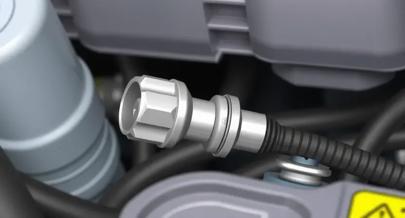 A close-up, detailed illustration of a car's AdBlue tank sensor and its wiring harness. The sensor should be clearly visible, along with the connecting wires and any nearby components. Focus on the sensor's physical appearance and the quality of the wiring. The background should be blurred to emphasize the sensor and wiring.