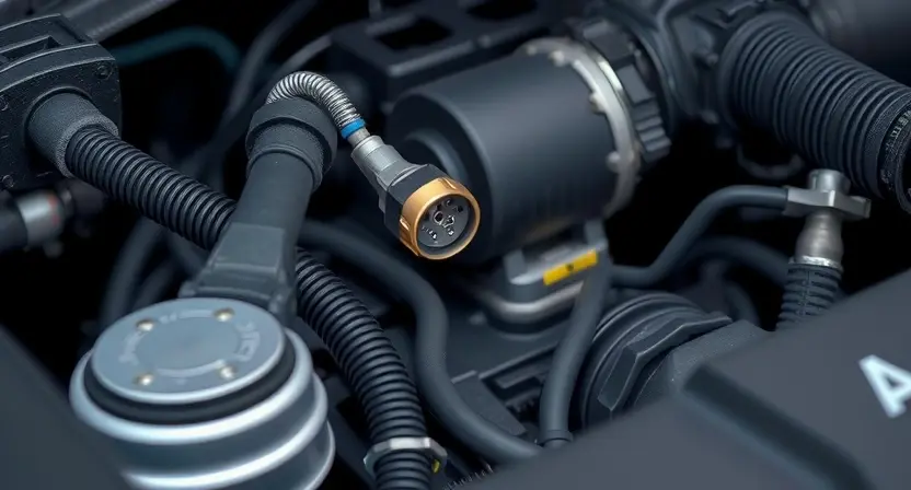 A close-up, detailed illustration of a car engine bay. Focus on the temperature sensor and its wiring. The sensor should be clearly visible, and the wiring should be neatly organized. The overall scene should convey a sense of technical precision and maintenance. Use realistic lighting and textures to highlight the components.