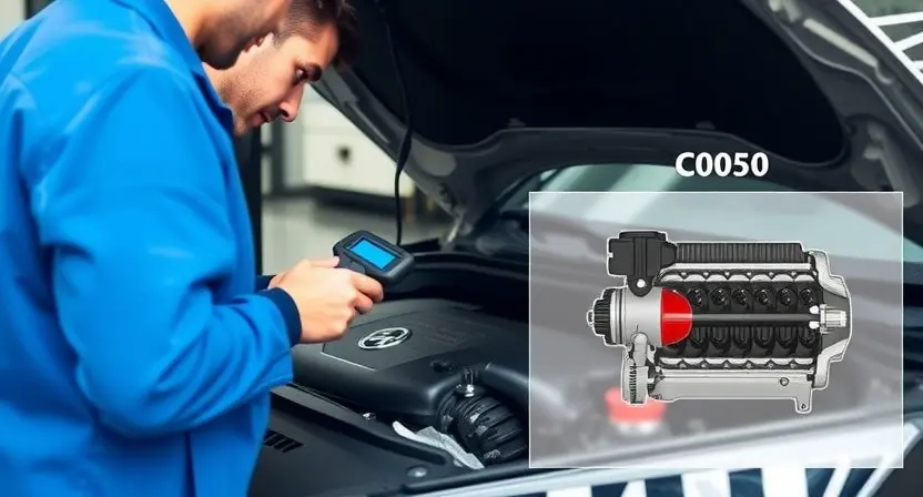 A mechanic in a garage inspecting a car's engine bay, holding a diagnostic scanner, with a close-up of the car's dashboard showing a warning light, and a schematic overlay of the engine components indicating the C0050 error area, all depicted without any text or lettering