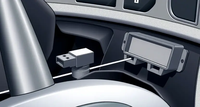 A detailed illustration of a car's steering angle sensor and its connection to the car's electronic control unit (ECU). The sensor should be clearly visible, along with the wiring connecting it to the ECU. The background should subtly suggest the interior of a car's dashboard. Focus on the sensor's physical appearance and its connection points.