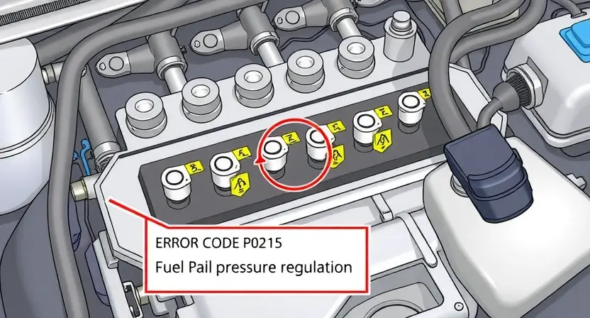 A detailed illustration of a car's fuel system, specifically focusing on the fuel rail, fuel injectors, and the fuel shut-off solenoid. The solenoid should be clearly visible, with a visual representation of the error code P0215 (fuel rail pressure regulation) displayed near it. The background should be a clean, technical environment, possibly a workshop or engine bay.