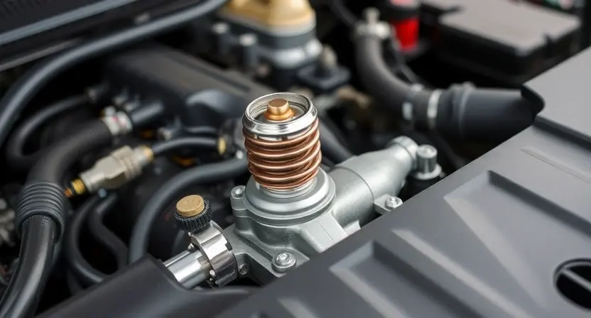 A close-up shot of a car's engine bay, focusing on the thermostat housing. The engine should be clean and well-lit. The thermostat housing should be clearly visible, with hoses connected. The overall image should convey a sense of automotive mechanics and diagnostics.