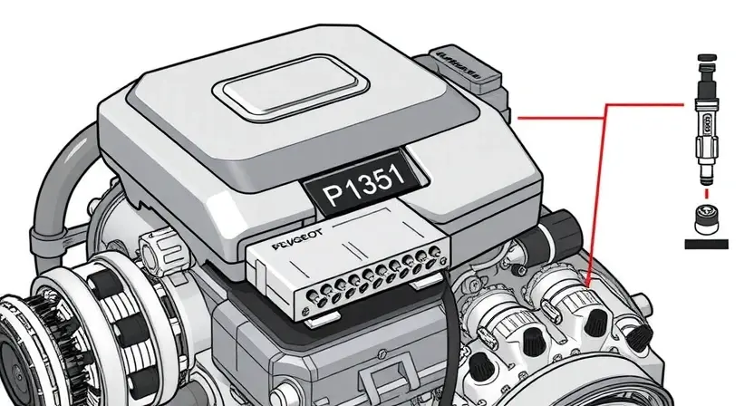 A high-quality technical illustration showing a diesel engine of a Peugeot or Citroën vehicle with a highlighted electronic control unit and diagnostic equipment displaying error code P1351, surrounded by schematic symbols of ignition coils and fuel injectors, clean background, professional technical drawing style