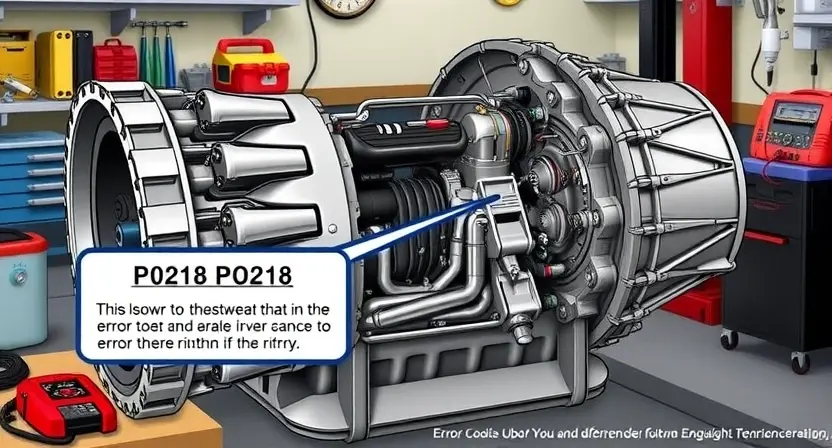 A detailed illustration of an automatic transmission with a visual representation of the P0218 error code highlighted. The transmission should be depicted in a workshop setting, with tools and diagnostic equipment nearby. Focus on the internal components and the error code's location within the system.